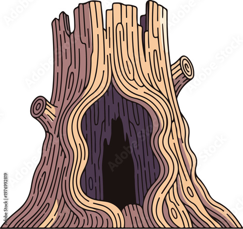 Mysterious hollow in an ancient tree trunk revealing a dark passageway vector illustration