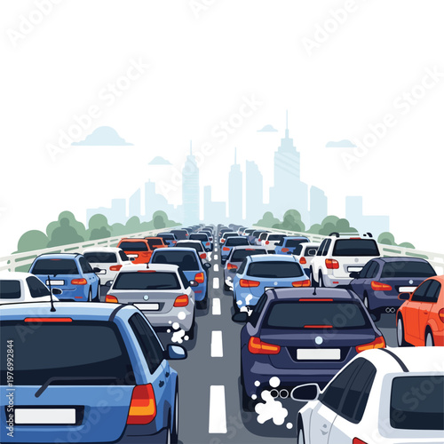 Flat 2D vector illustration of a heavy traffic jam on a multi-lane highway leading towards a city skyline with skyscrapers, featuring various colorful cars and exhaust fumes.