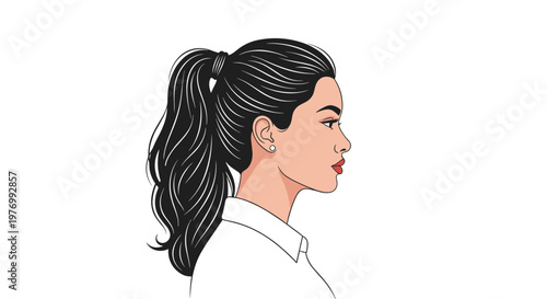 Profile portrait of a young woman with a high black ponytail and red lipstick is illustrated in a clean and modern graphic vector style.