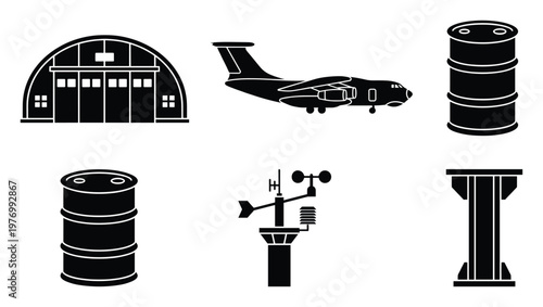 Industrial and aviation infrastructure symbols set featuring an aircraft hangar, cargo transport plane, oil drums, weather station, and support beam useful for logistics and engineering