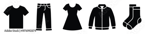 Collection of essential clothing items in black silhouette icons suitable for ecommerce stores, wardrobe organization apps, and apparel category navigation systems
