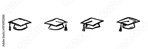 Graduation Cap Icons In Hand Drawn Style Set. Academic Achievement, Education Milestone, Scholarly Success Doodle Sketch Collection. Isolated Vector Illustration