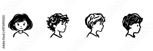 Children'S Faces In Hand Drawn Style Set. Youthful Expressions, Diverse Hairstyles, Childhood Innocence Doodle Sketch Collection. Character Design Elements. Isolated Vector Illustration
