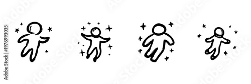 Astronaut Figures With Stars In Hand Drawn Style Set. Space Exploration, Cosmic Adventure, Outer Space Travel Doodle Sketch Collection. Celestial Journey Theme. Isolated Vector Illustration