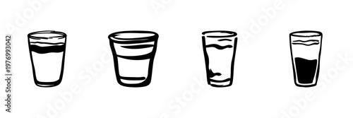 Four Beverage Glasses In Hand Drawn Style Set. Drink Variety, Refreshment, And Beverage Choice Doodle Sketch Collection. Isolated Vector Illustration