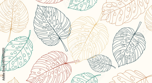 Artistic seamless pattern features various tropical leaves drawn with delicate lines and dotted patterns in muted green and brown tones.