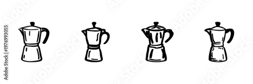 Moka Pot Coffee Makers In Hand Drawn Style Set. Traditional Espresso Brewing, Italian Coffee Culture Doodle Sketch Collection. Vintage Kitchenware Illustration. Isolated Vector Illustration