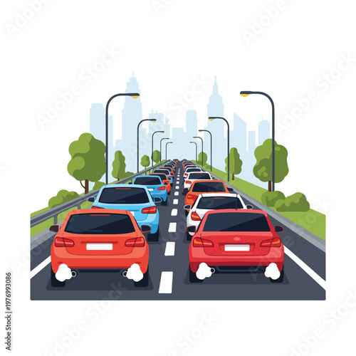 Flat 2D vector illustration of a heavy traffic jam on a highway leading to a city skyline with skyscrapers, showing rows of cars with exhaust smoke, streetlights, and roadside trees.
