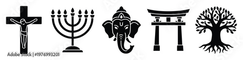 Diverse global spiritual symbols representing major world religions and philosophical concepts for cultural understanding, educational materials, and interfaith communication projects