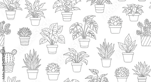 Seamless background pattern features a large variety of line art illustrations of potted indoor plants and succulents for decoration.