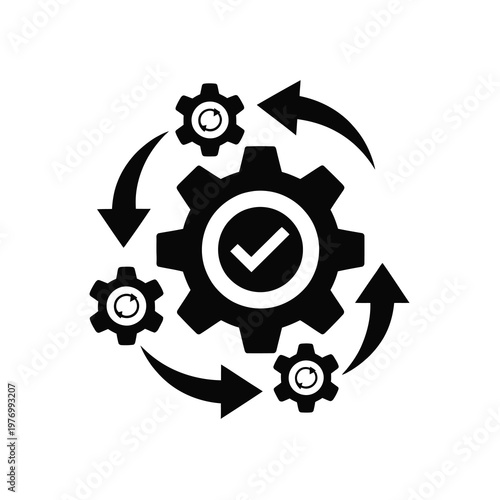 gear and arrow cycle icon, vector illustration of circular process, symbolizing workflow loop, continuous improvement, system efficiency, automation, and operational management concept.