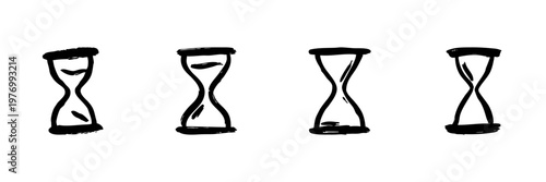 Hourglass Icons In Hand Drawn Style Set. Time Management, Deadline, And Countdown Doodle Sketch Collection. Vintage Timekeeping Symbols. Isolated Vector Illustration