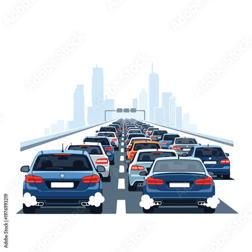 Flat vector illustration of a massive traffic jam on a multi-lane highway leading into a modern city skyline with skyscrapers, showing various cars with exhaust smoke in daylight.