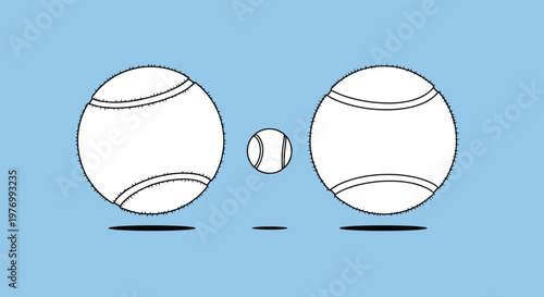 Minimalist illustration of three white tennis balls of varying sizes floats against a solid blue background with soft shadows underneath.