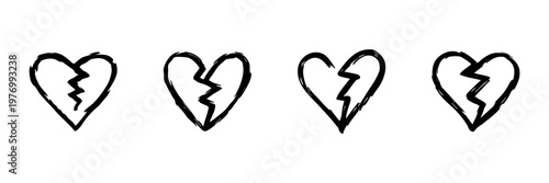 Broken Heart Icons In Hand Drawn Style Set. Emotional Pain, Heartbreak, Relationship Challenges Doodle Sketch Collection. Love And Loss Symbolism. Isolated Vector Illustration