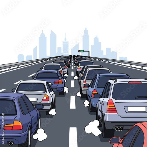 Flat 2D vector illustration showing heavy traffic congestion on a multi-lane highway leading to a city skyline. Multiple cars in a long queue with white exhaust smoke clouds.