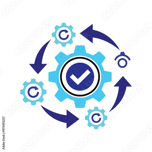 gear and arrow cycle icon, vector illustration of circular process, symbolizing workflow loop, continuous improvement, system efficiency, automation, and operational management concept.