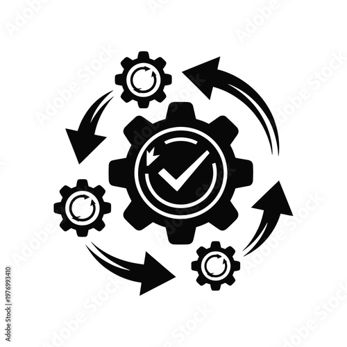 gear and arrow cycle icon, vector illustration of circular process, symbolizing workflow loop, continuous improvement, system efficiency, automation, and operational management concept.