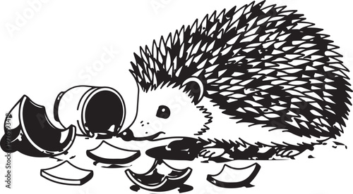 A hedgehog enjoying a meal from a broken teacup and saucers vector illustration