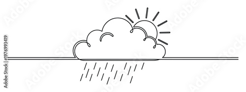 Minimalist continuous line drawing depicting a cloud with falling rain and a peeking sun, perfect for modern weather forecast interfaces, climate reports, environmental presentations, or