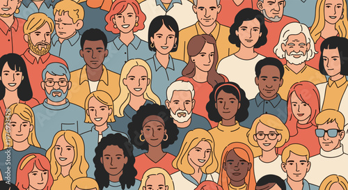 Group of diverse people faces representing a multicultural community are shown in a tightly packed flat illustration for social unity.