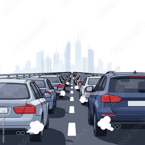Flat 2D vector illustration of a heavy traffic jam on a highway leading to a city skyline, showing rear views of cars with white exhaust fumes against a white background.