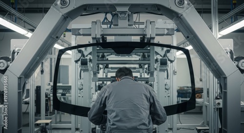 Automotive worker installing windshield using advanced robotic assembly equipment