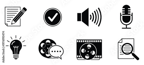 Essential icon collection for multimedia content creation communication and information processing suitable for various electronic and print applications