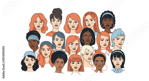 Large gathering of diverse women with various hair colors and facial features are illustrated in a group portrait to celebrate women.