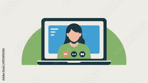 A cartoon woman appears on a laptop screen for an online video meeting or conference call.