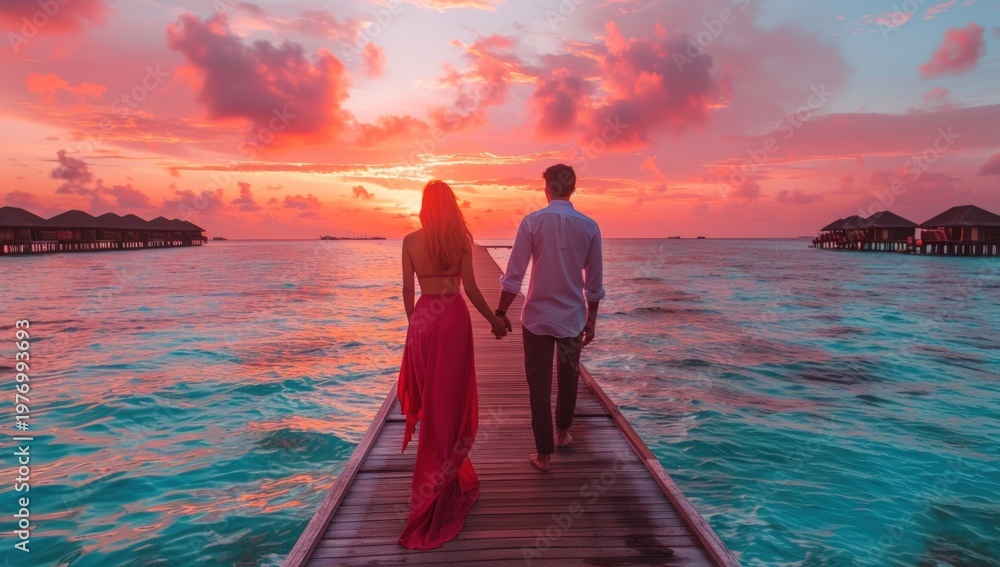 Fototapeta premium Romantic couple holding hands walks on pier over turquoise water at vibrant sunset