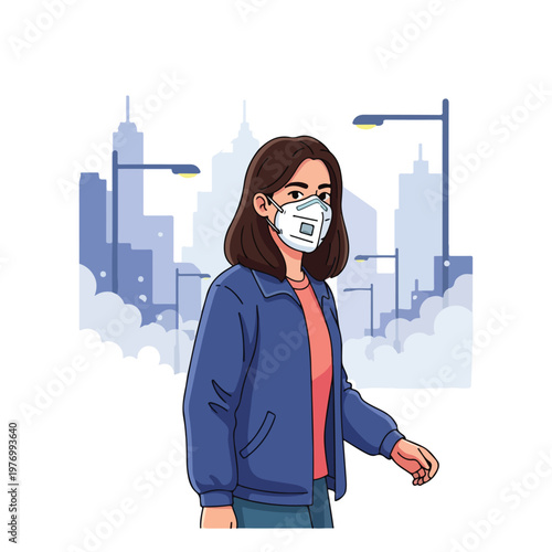Flat 2D vector illustration of a young woman wearing a white respirator face mask standing in a polluted city with blue skyscrapers, street lamps, and thick white smog clouds.