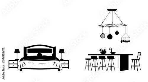 Modern Home Interior Outline Illustration Featuring Bedroom and Kitchen Furniture