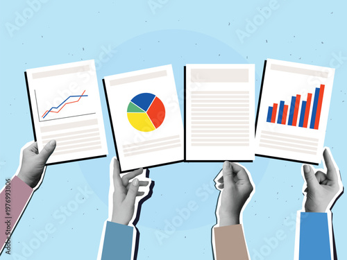 Black and white hands holding a paper documents with graphs and charts. Modern photo collage style. Vector illustration