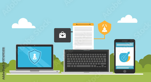 Digital Security and Data Privacy Concepts Illustrated with Laptops, Documents, and Security Icons