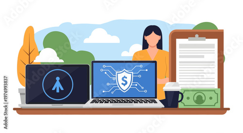 Woman working on cybersecurity and data protection with laptops and financial security shield