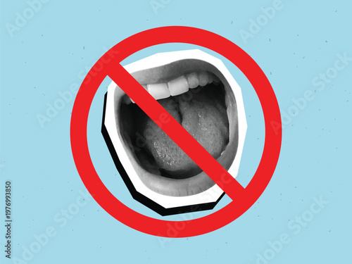 A red sign prohibiting noise. A crossed-out circle with an open, screaming mouth inside. Modern collage style. Vector illustration