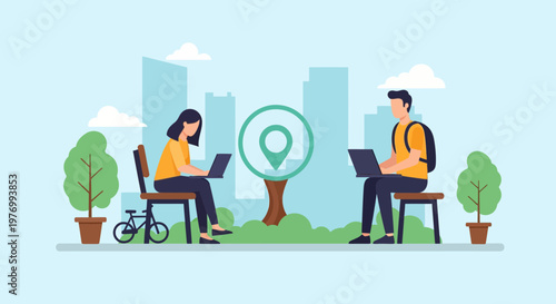 Two people working remotely on laptops in an outdoor city park with a location pin symbol.