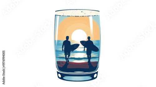 Surfers Walking on a Beach at Sunset Inside a Refreshing Beer Glass Illustration