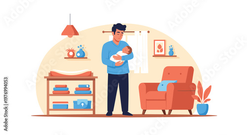 Young caring father holding his newborn baby in the nursery room while the infant sleeps peacefully in his arms at home.