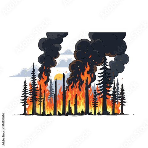 Flat 2D vector illustration of a wildfire burning through a coniferous forest with pine trees, intense orange flames, and thick black smoke plumes under a sunlit sky.