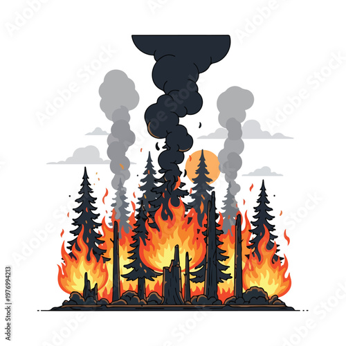 Flat 2D vector illustration of a forest wildfire with evergreen pine trees engulfed in bright orange flames and thick columns of dark smoke rising isolated on a white background.