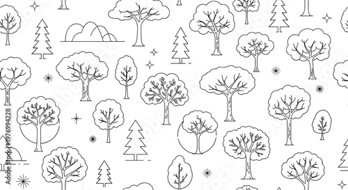 Minimalist seamless pattern featuring various line art illustrations of trees and bushes in a clean black and white nature theme.