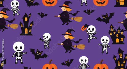 Fun Halloween seamless pattern with cartoon witches on brooms, dancing skeletons, bats, haunted houses, and pumpkins on purple.