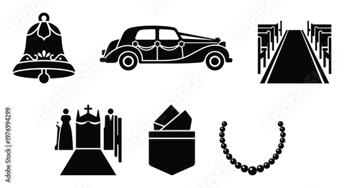 Collection of classic wedding ceremony symbols including church aisle, decorated car, bell, and pearl necklace, perfect for event planning and bridal celebration announcements.