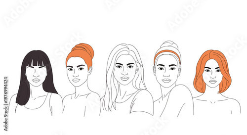 Minimalist line art portrait featuring five diverse women with various hairstyles and skin tones representing global beauty and unity.