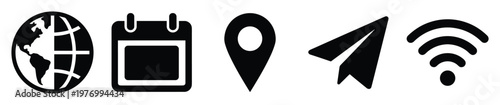 Modern digital icons representing global communication, scheduling, location tracking, message sending, and wireless connectivity for user interfaces, mobile applications, and web