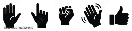 Collection of diverse hand gestures including open palm, pointing finger, closed fist, waving hand, and thumbs up for various digital communication and interactive design applications.
