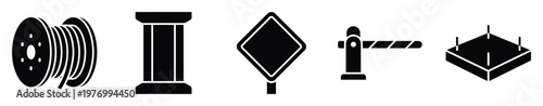 Various industrial and construction related silhouette icons featuring a cable spool, thread bobbin, diamond warning sign, traffic barrier, and structural platform for modern visual