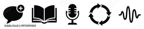 Essential digital communication and multimedia icons for user interface design representing new messages, learning, audio recording, refresh function, and sound activity in applications.